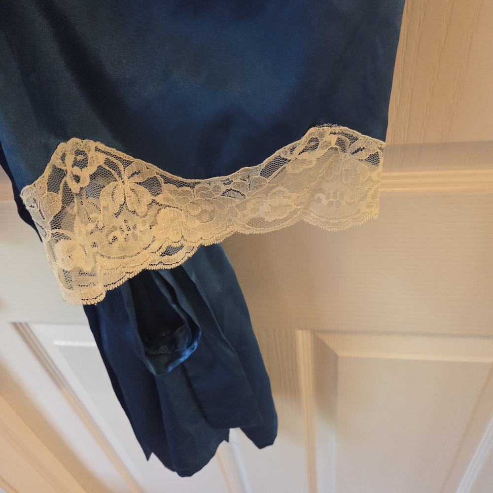 Frederick's of Hollywood Blue Satin Robe with Lace Trim - Picture 3 of 3